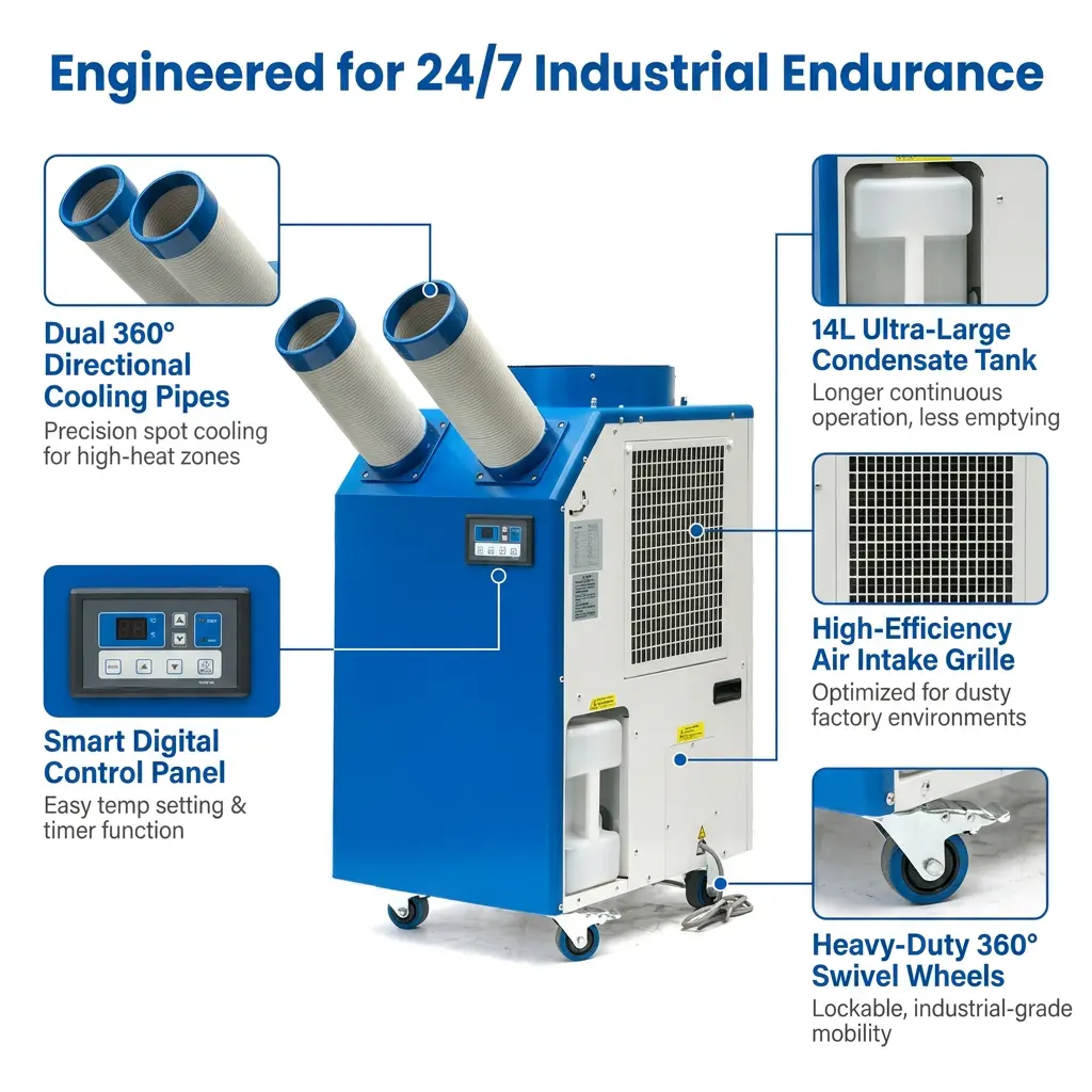 OEM 14L didelis bakas 2700W galia 9300BTU rotacinis kompresorius nešiojamasis taškinis aušintuvas pramoninis oro kondicionierius dirbtuvėms